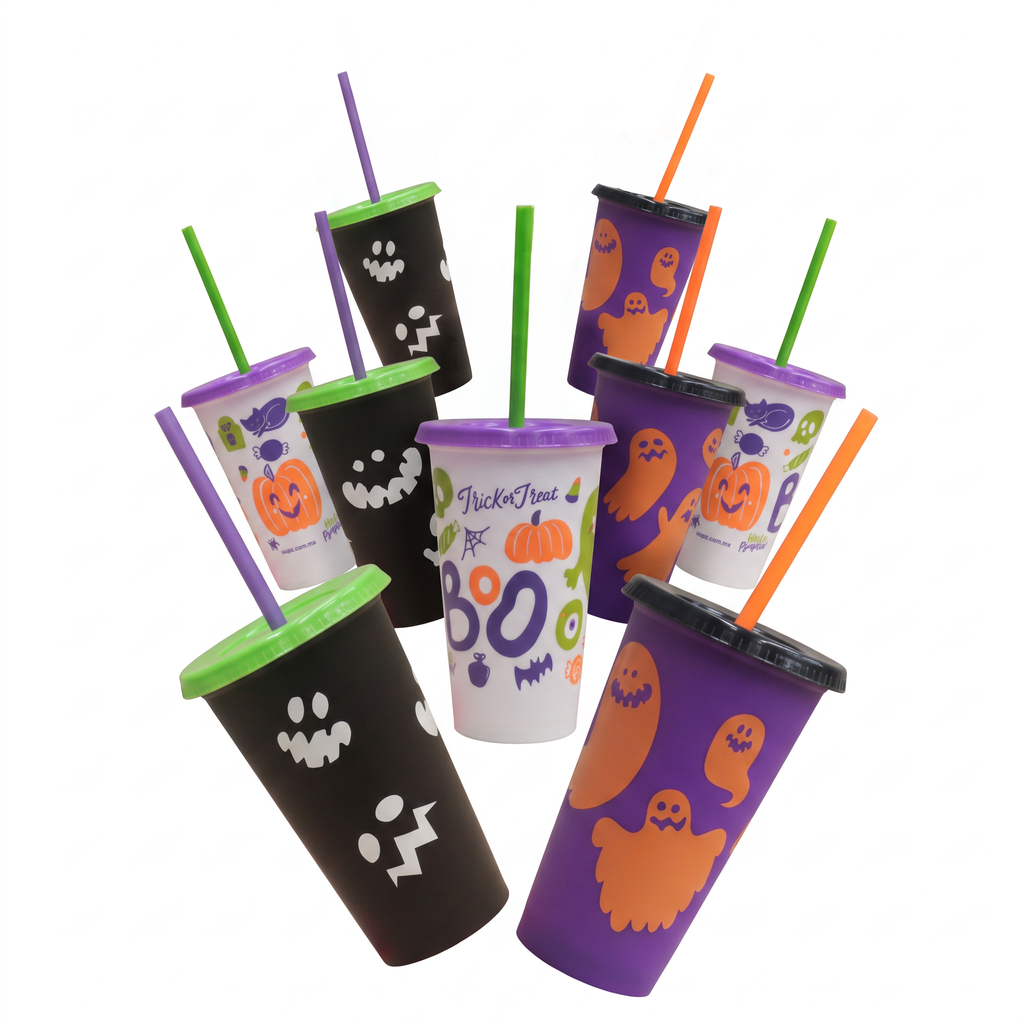 Kit Halloween 16oz 9 Vasos Reutilizables con Tapa y Popote
