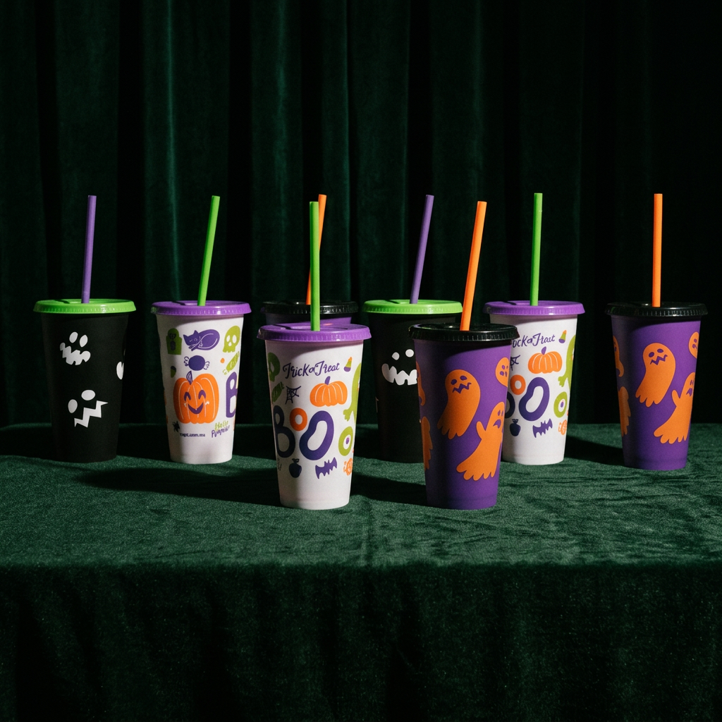Kit Halloween 16oz 9 Vasos Reutilizables con Tapa y Popote