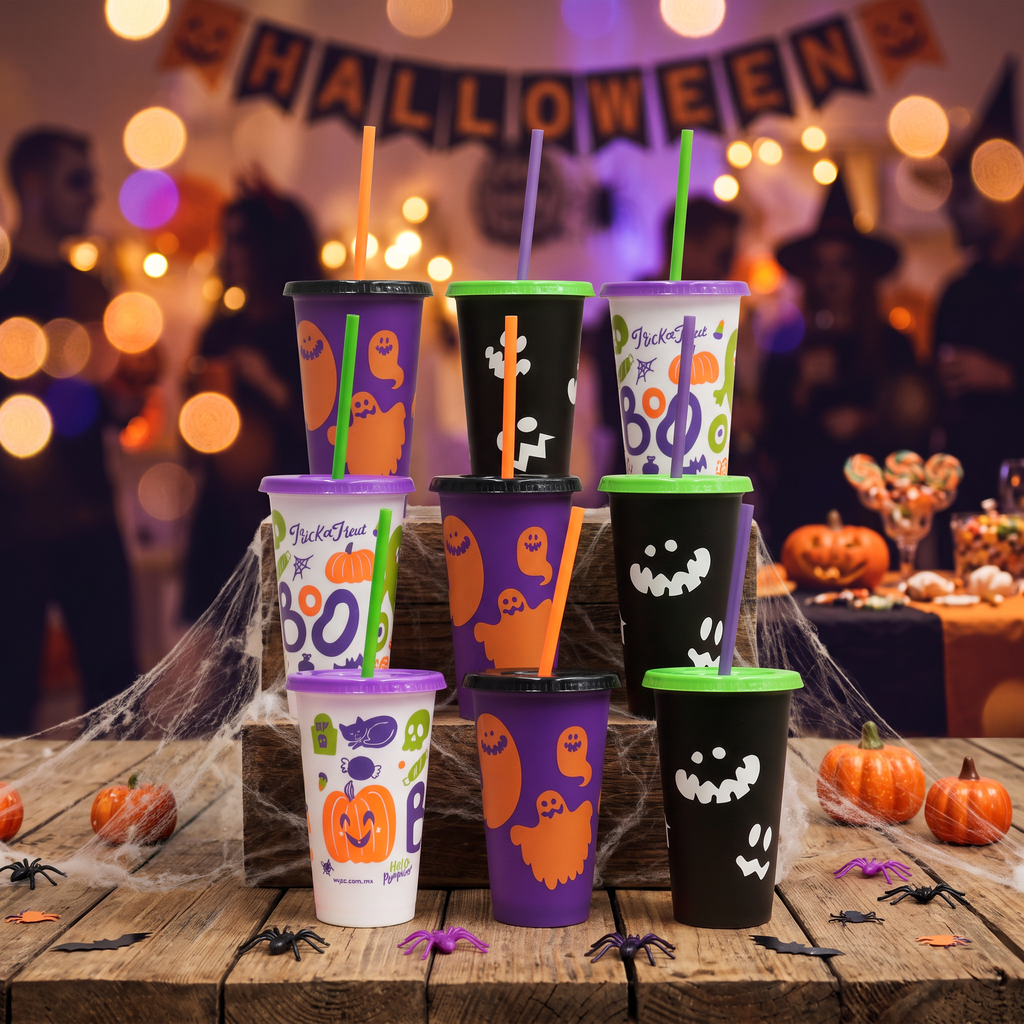 Kit Halloween 16oz 9 Vasos Reutilizables con Tapa y Popote