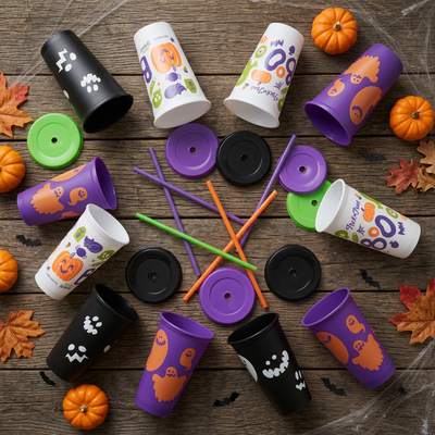 Kit Halloween 16oz 9 Vasos Reutilizables con Tapa y Popote
