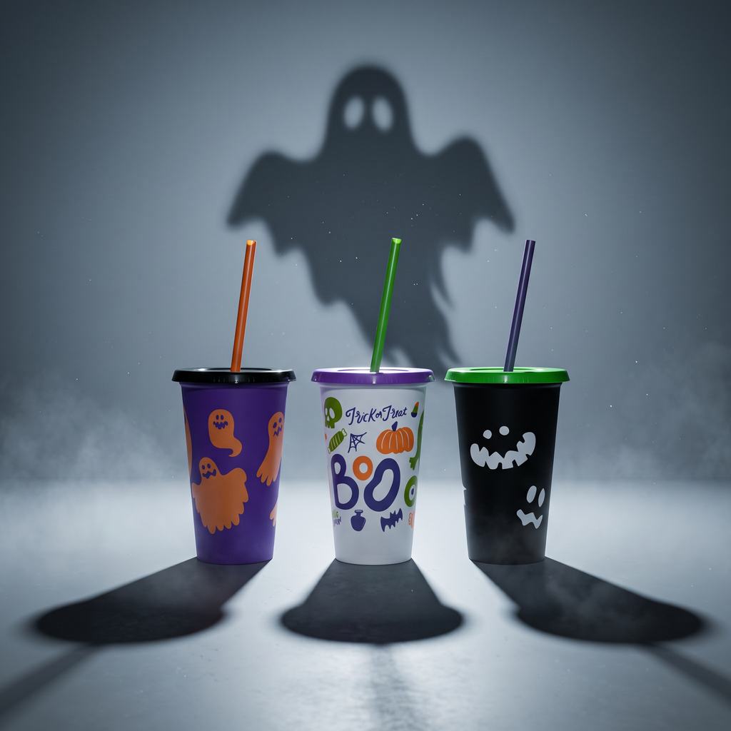Kit Halloween 16oz 9 Vasos Reutilizables con Tapa y Popote