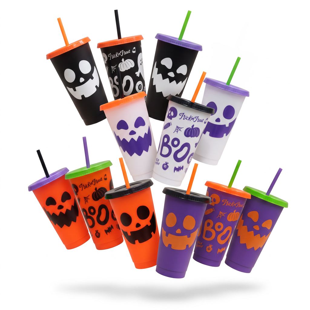 Kit Halloween 24oz  12 Vasos Reutilizables con Tapa y Popote