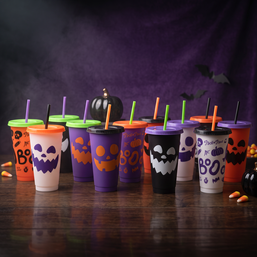 Kit Halloween 24oz  12 Vasos Reutilizables con Tapa y Popote