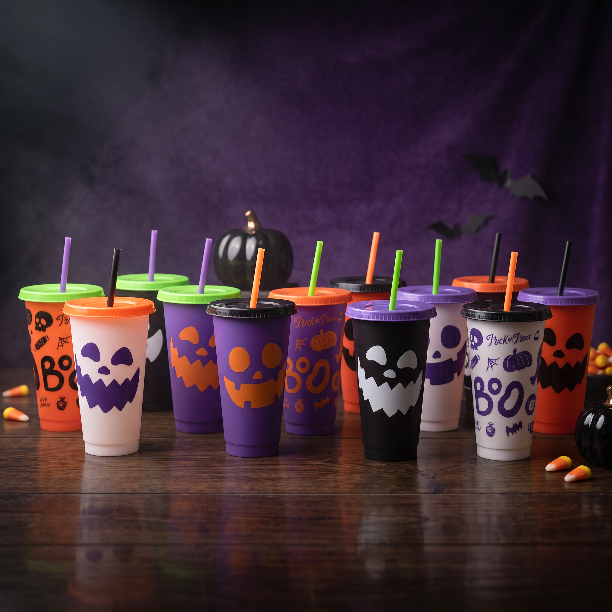 Kit Halloween 24oz  12 Vasos Reutilizables con Tapa y Popote
