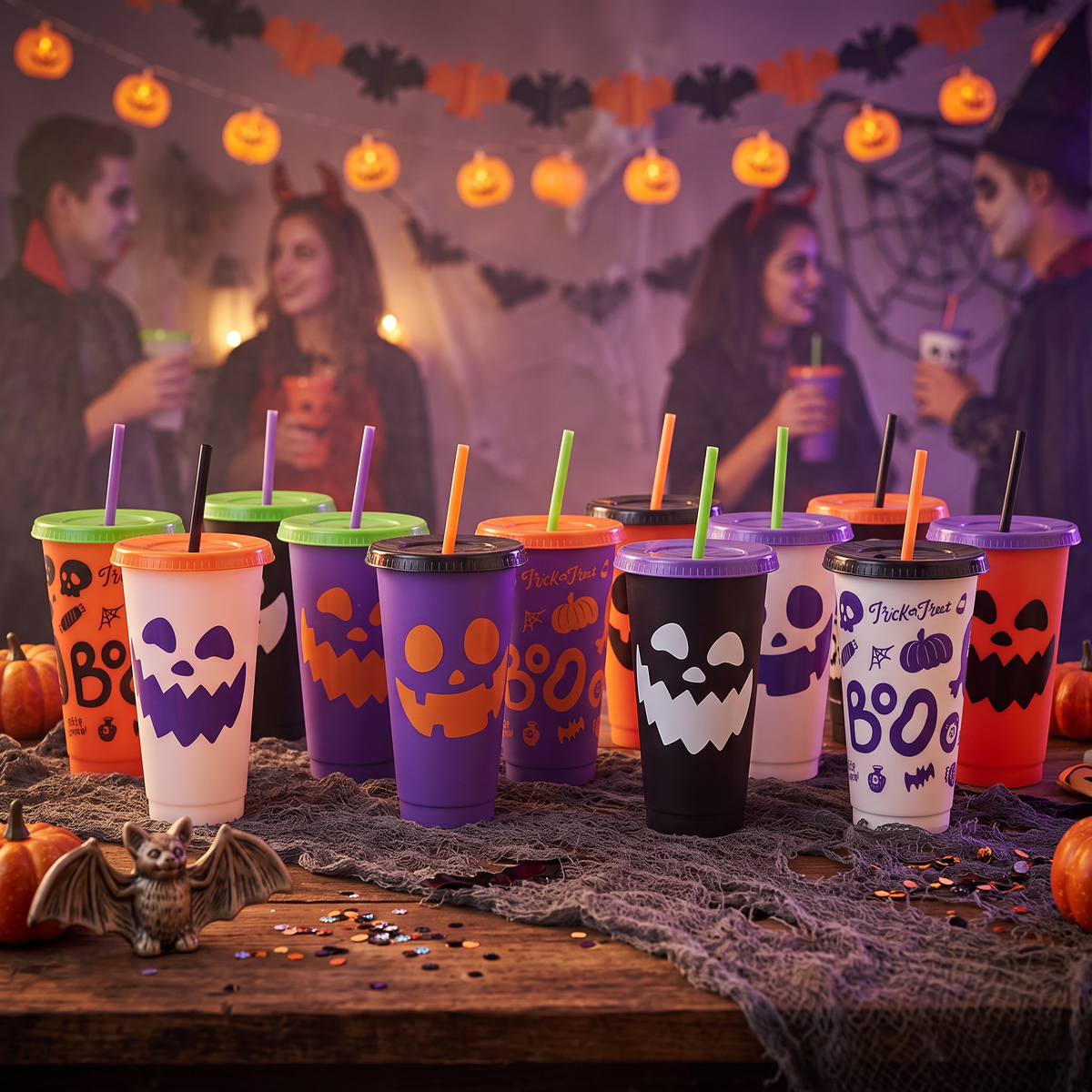Kit Halloween 24oz  12 Vasos Reutilizables con Tapa y Popote