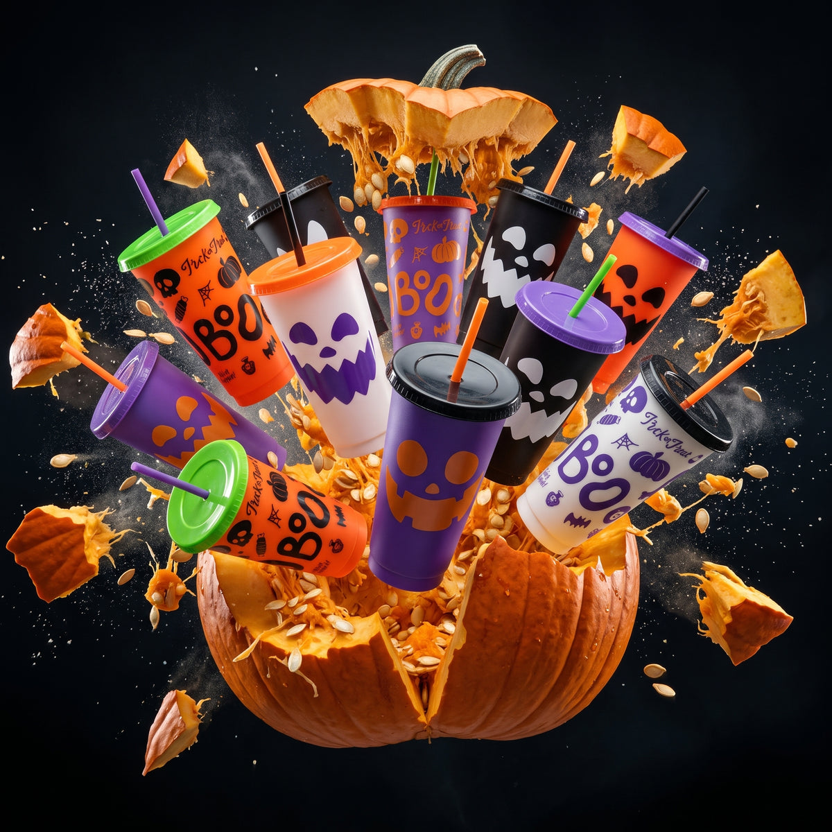 Kit Halloween 24oz  12 Vasos Reutilizables con Tapa y Popote