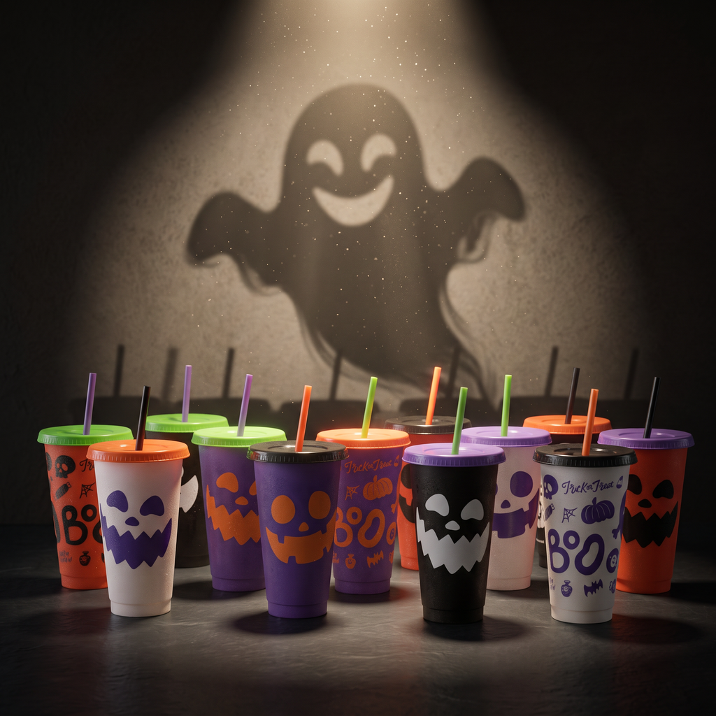 Kit Halloween 24oz  12 Vasos Reutilizables con Tapa y Popote