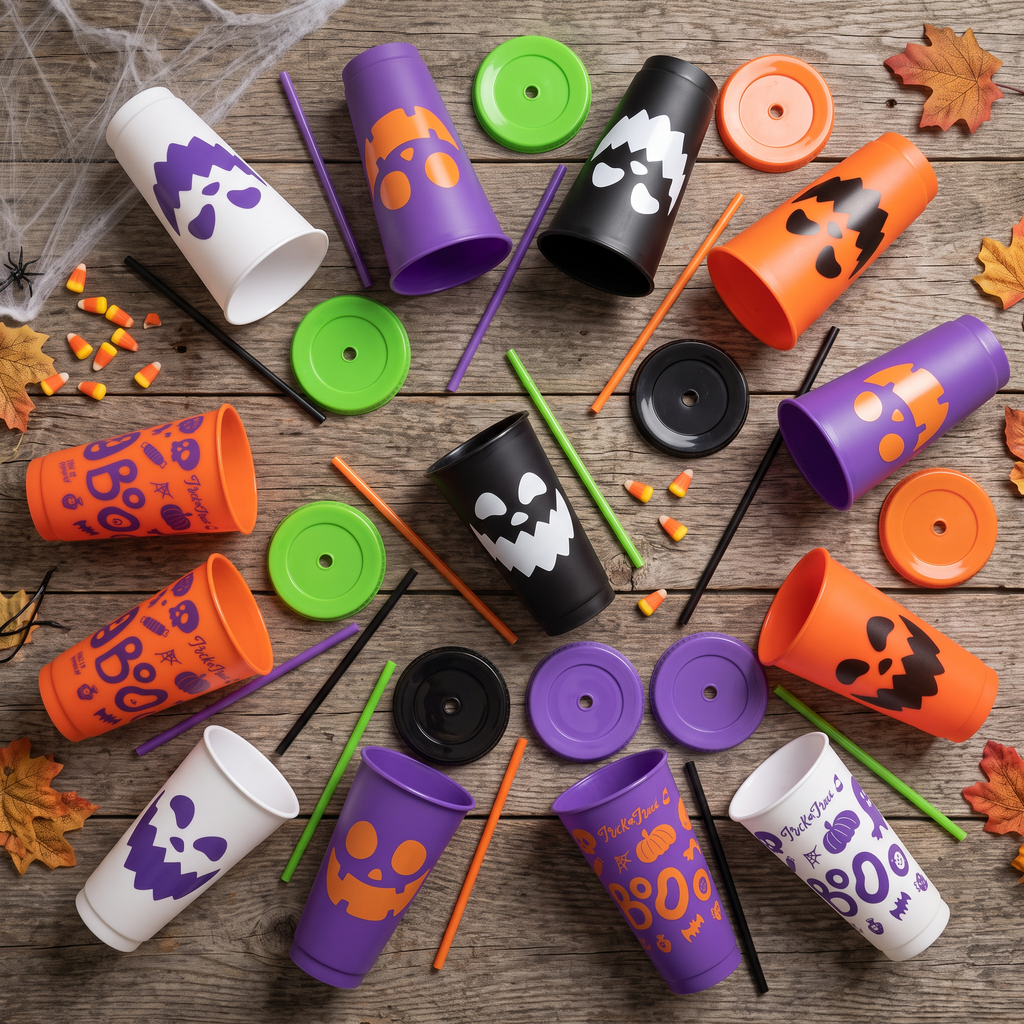 Kit Halloween 24oz  12 Vasos Reutilizables con Tapa y Popote