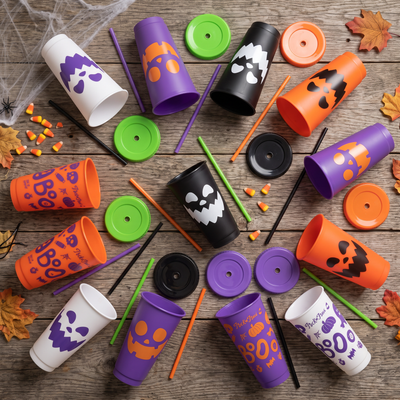 Kit Halloween 24oz  12 Vasos Reutilizables con Tapa y Popote