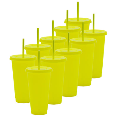 Kit de 10 Vasos SUN 24 OZ tapa plana y popote · Amarillo Neón