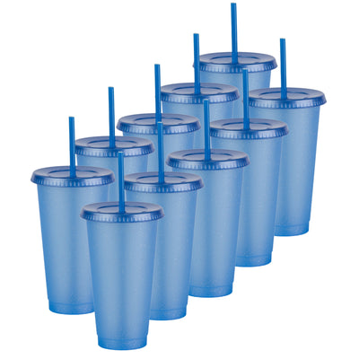 Kit de 10 Vasos SUN 24 OZ tapa plana y popote · Azul Glitter Translúcido