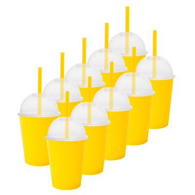Kit de 10 Vasos SATURN 12 OZ tapa domo y popote · Amarillo Verano