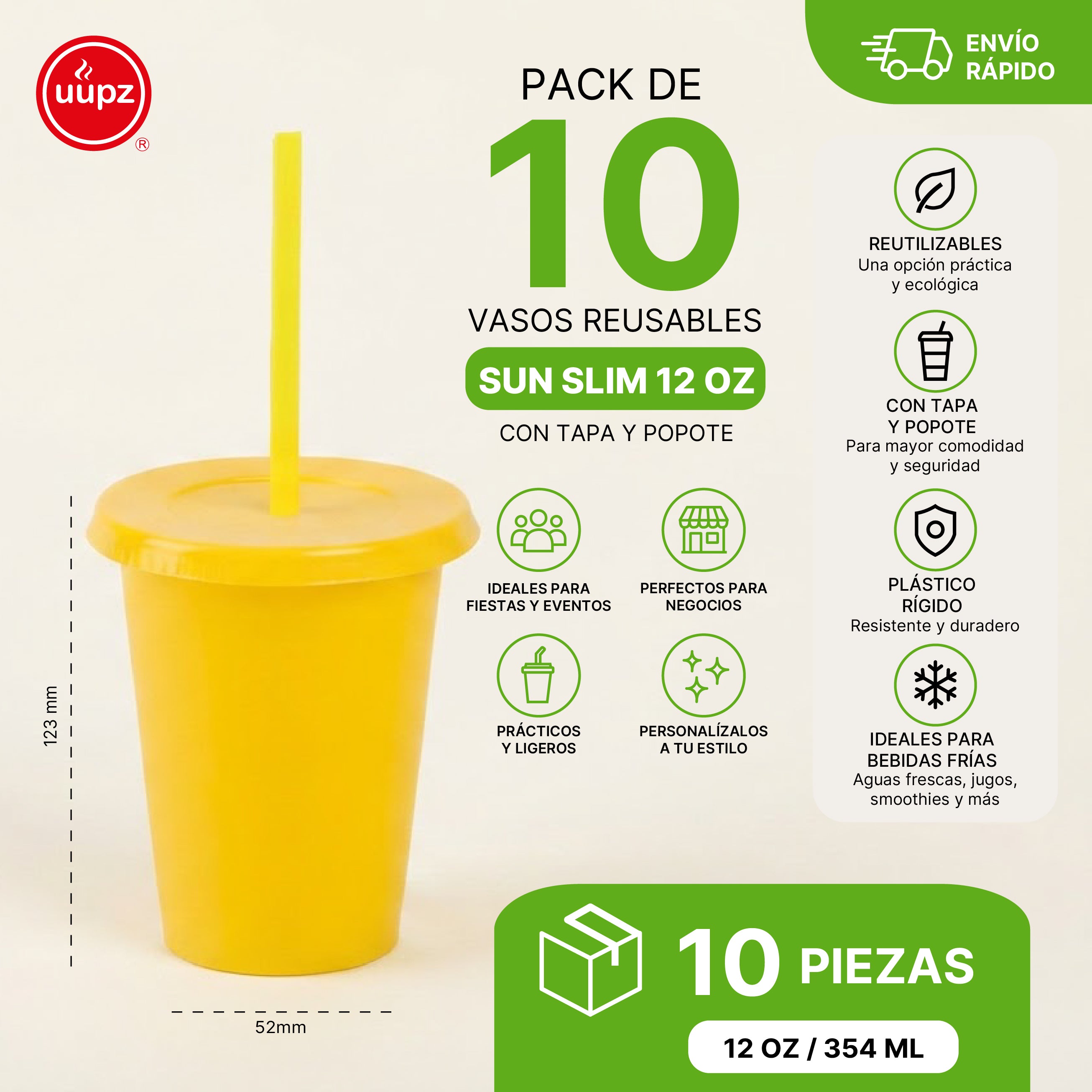 Kit Vasos Fiesta Dinosaurios SUN SLIM 12oz 10 Piezas con Tapa y Popote