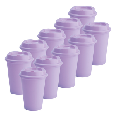 Kit de 10 Vasos STAR 12 OZ con tapa cafetera · Morado Pastel