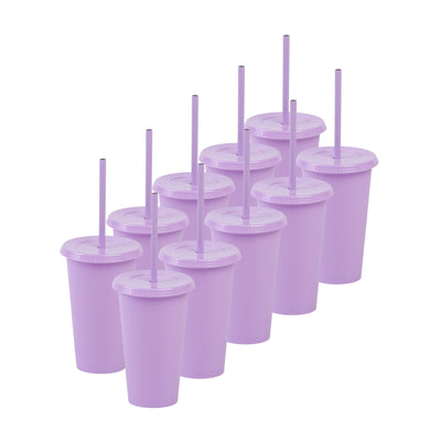 Kit de 10 Vasos SUN SLIM 16 OZ tapa plana y popote · Morado Pastel
