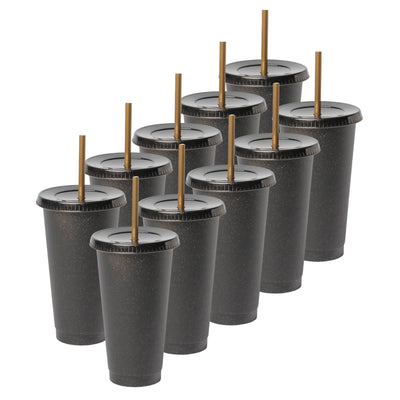 Kit de 10 Vasos SUN 24 OZ tapa plana y popote · Negro Gold