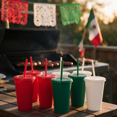 Kit Patrio SUN SLIM 16oz 9 Vasos Reutilizables Tricolor con Tapa y Popote