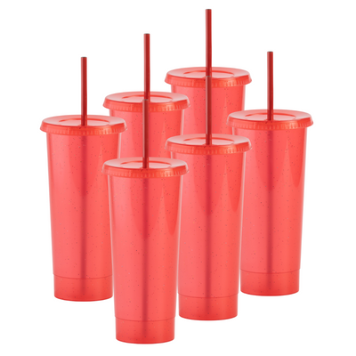Kit de 6 Vasos STELLAR 34 OZ tapa plana y popote · Rojo Glitter Translúcido