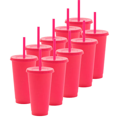 Kit de 10 Vasos SUN 24 OZ tapa plana y popote · Rosa Neón