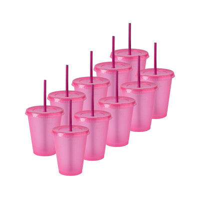 Kit de 10 Vasos SUN 16 OZ tapa plana y popote · Rosa Glitter
