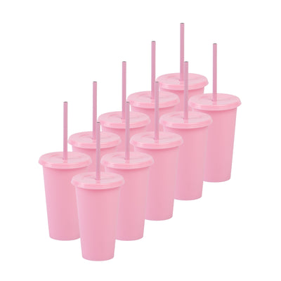 Kit de 10 Vasos SUN SLIM 16 OZ tapa plana y popote · Rosa Pastel