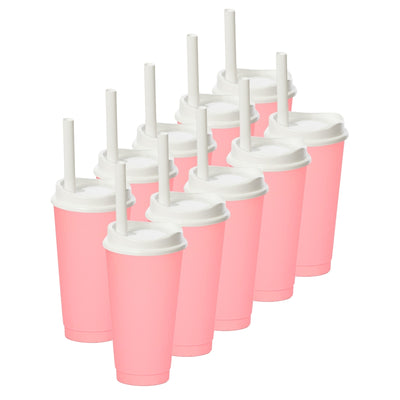 Kit de 10 Vasos MOON 24 OZ tapa y popote ancho · Rosa Pastel