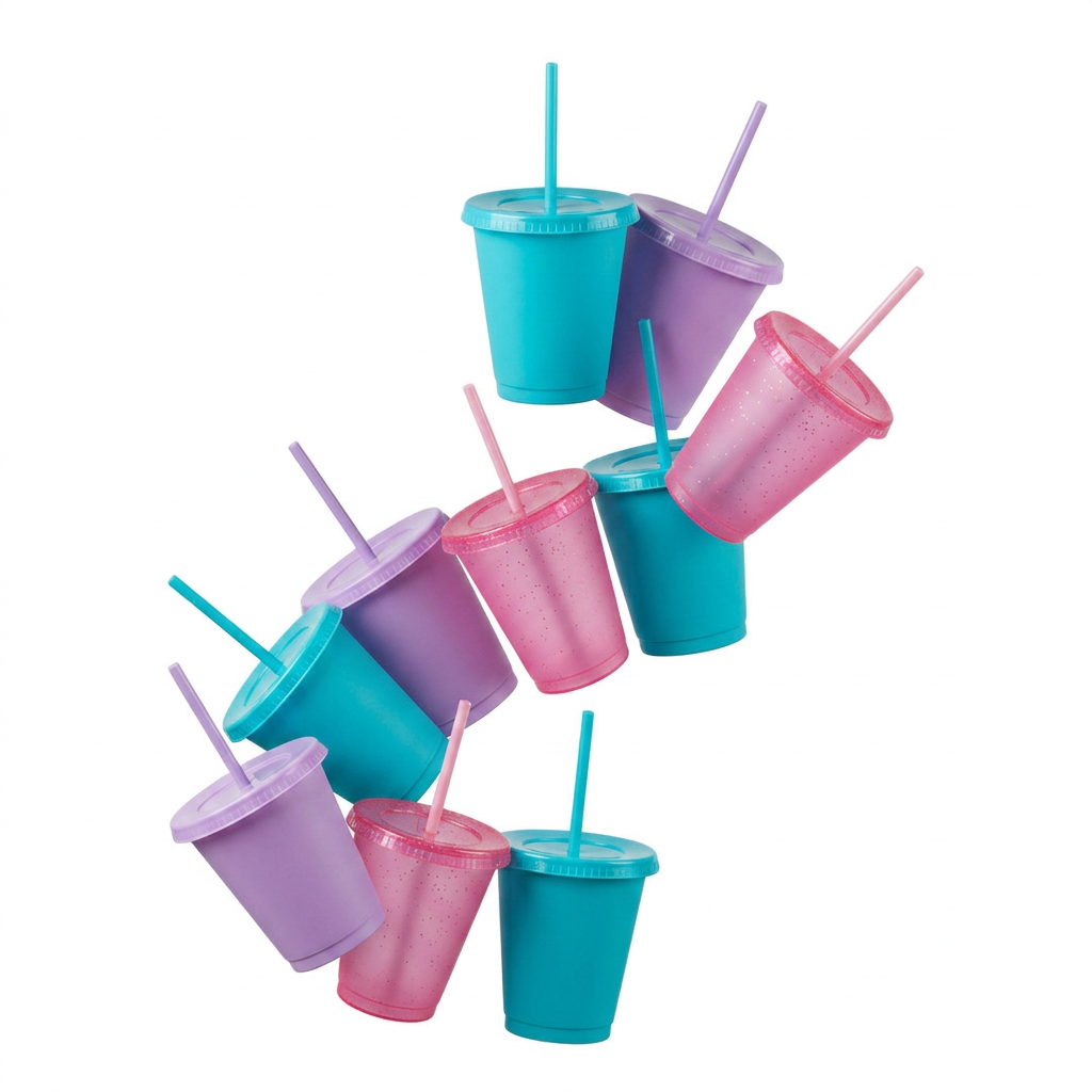 Kit Vasos Fiesta Sirena SUN 16oz 10 Piezas con Tapa y Popote