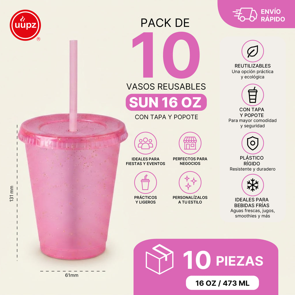Kit Vasos Fiesta Sirena SUN 16oz 10 Piezas con Tapa y Popote