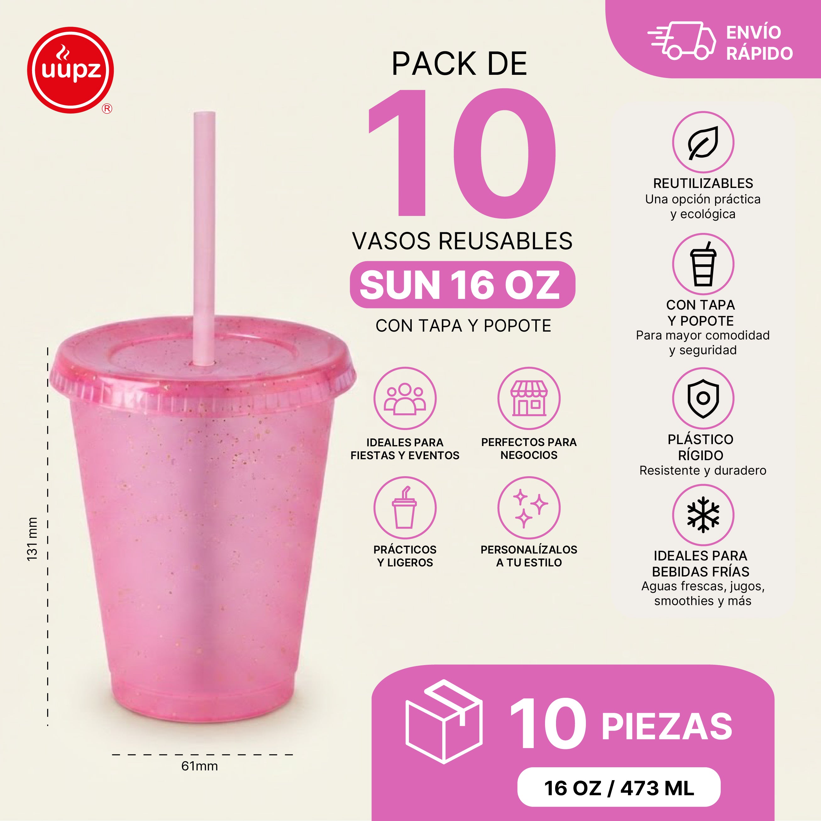 Kit Vasos Fiesta Sirena SUN 16oz 10 Piezas con Tapa y Popote