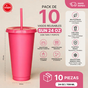 Kit Vasos Fiesta Sirena SUN 24oz 10 Piezas con Tapa y Popote