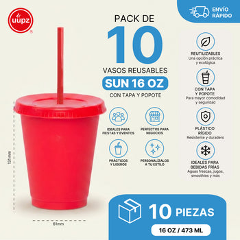 Kit Vasos Fiesta Superhéroes SUN 16oz 10 Piezas con Tapa y Popote