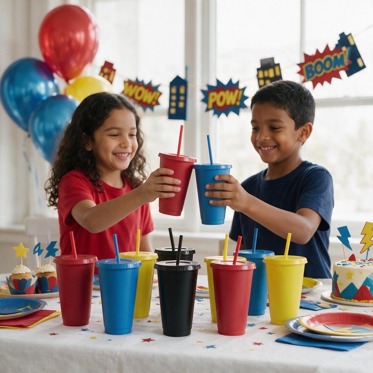 Kit Vasos Fiesta Superhéroes SUN 24oz 10 Piezas con Tapa y Popote
