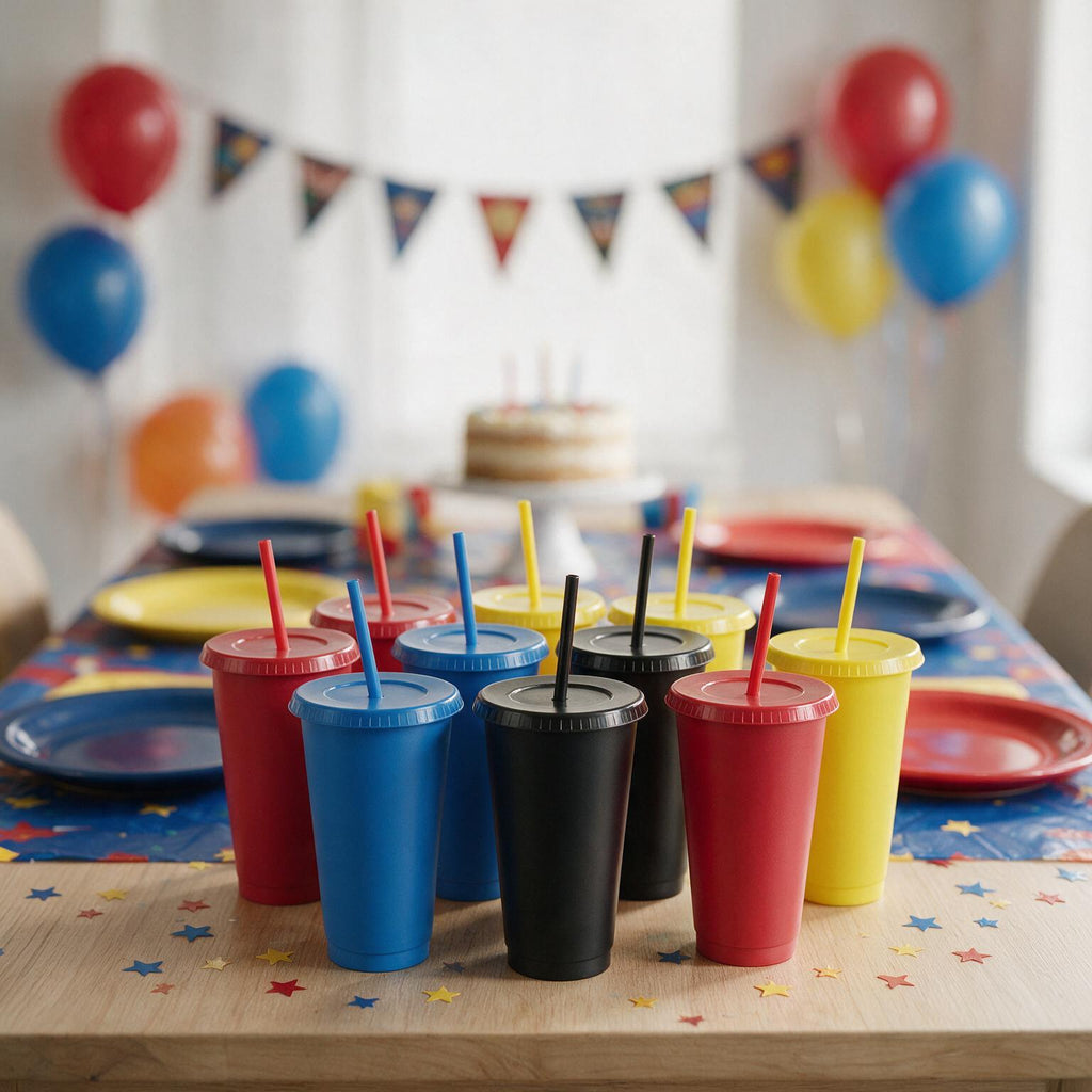 Kit Vasos Fiesta Superhéroes SUN 24oz 10 Piezas con Tapa y Popote