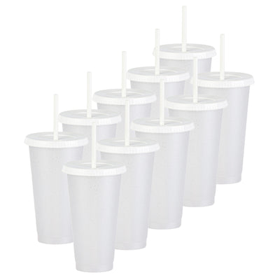 Kit de 10 Vasos SUN 24 OZ tapa plana y popote · Transparente Glitter Translúcido