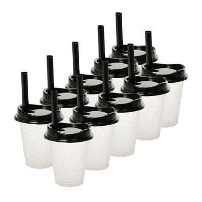 Kit de 10 Vasos MOON 16 OZ tapa y popote ancho · Transparente Glitter / Negro
