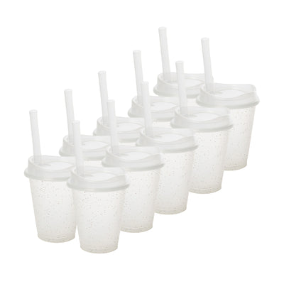 Kit de 10 Vasos MOON 16 OZ tapa y popote ancho · Transparente Glitter / Transparente