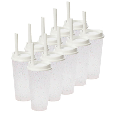 Kit de 10 Vasos MOON 24 OZ tapa y popote ancho · Transparente Glitter