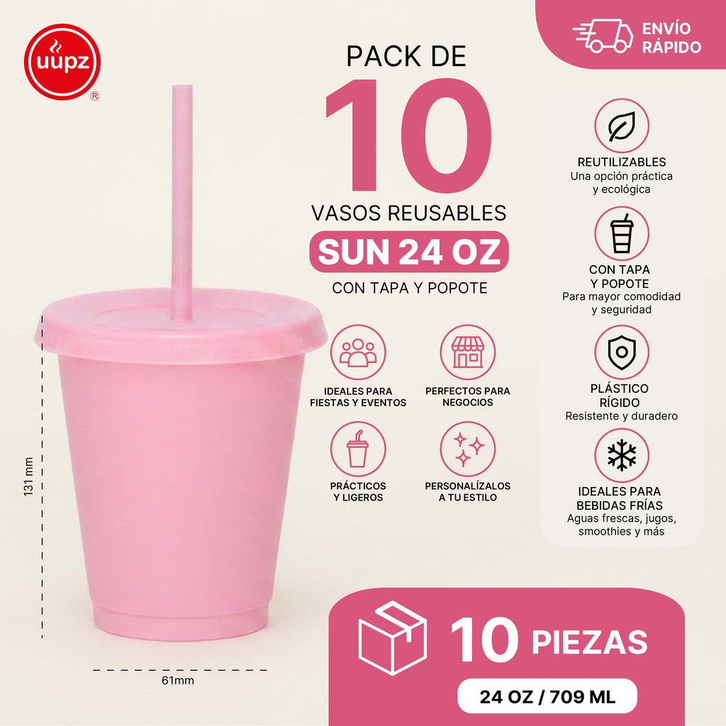 Kit Vasos Fiesta Unicornio SUN 16oz  10 Piezas con Tapa y Popote