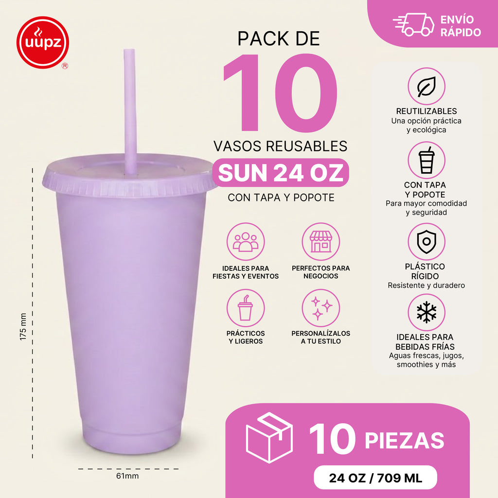 Kit Vasos Fiesta Unicornio SUN 24oz 10 Piezas con Tapa y Popote
