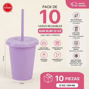 Kit Vasos Fiesta Unicornio SUN Slim 12oz 10 Piezas con Tapa y Popote