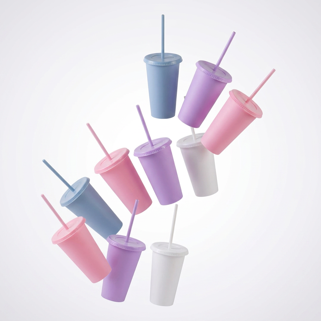 Kit Vasos Fiesta Unicornio SUN Slim 16oz 10 Piezas con Tapa y Popote