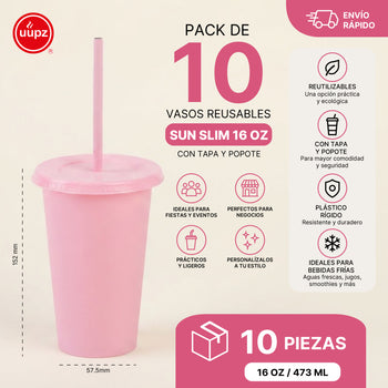 Kit Vasos Fiesta Unicornio SUN Slim 16oz 10 Piezas con Tapa y Popote