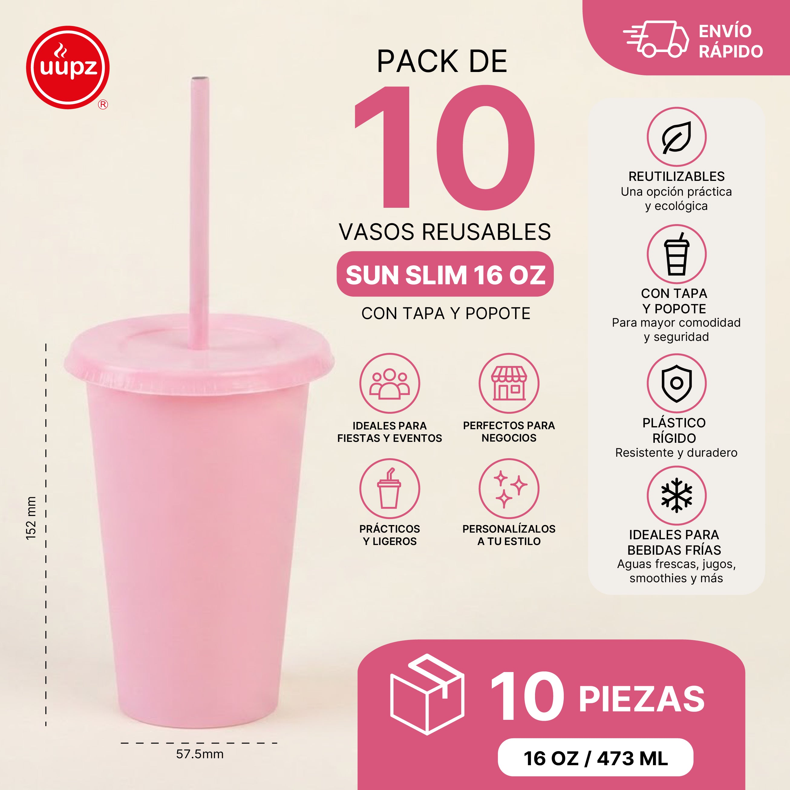 Kit Vasos Fiesta Unicornio SUN Slim 16oz 10 Piezas con Tapa y Popote