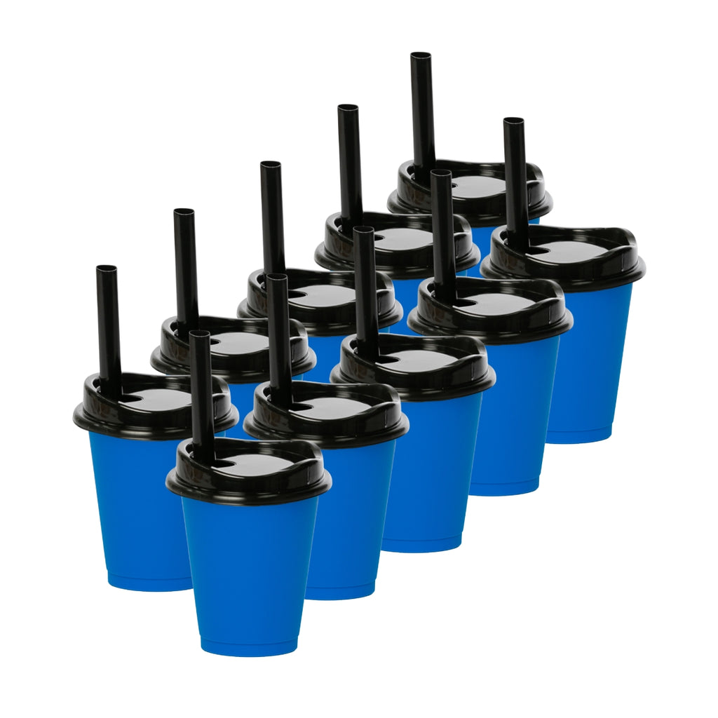 Kit Bubble Tea 10 Vasos MOON 16 OZ tapa y popote ancho  - Azul Neón con tapa negra | UUPZ